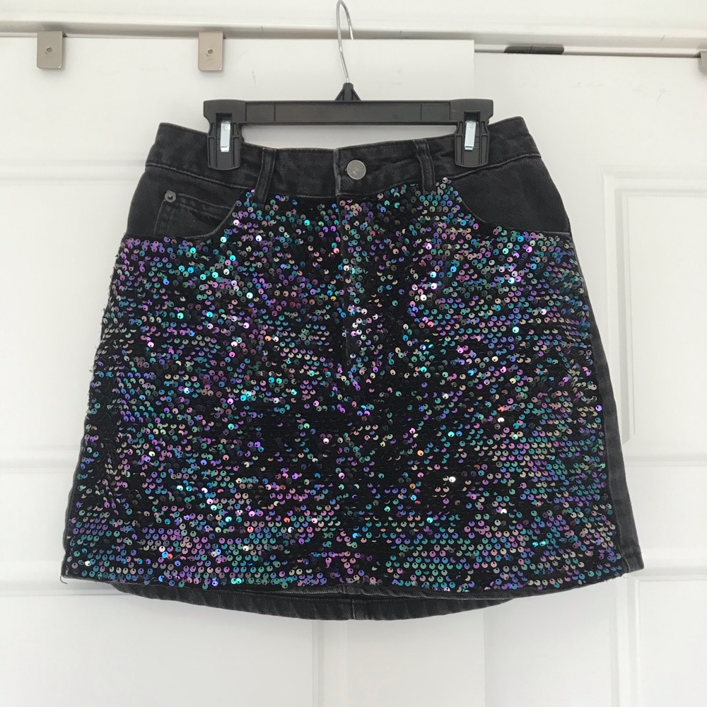 Topshop Black/Rainbow Sequin Mini Skirt